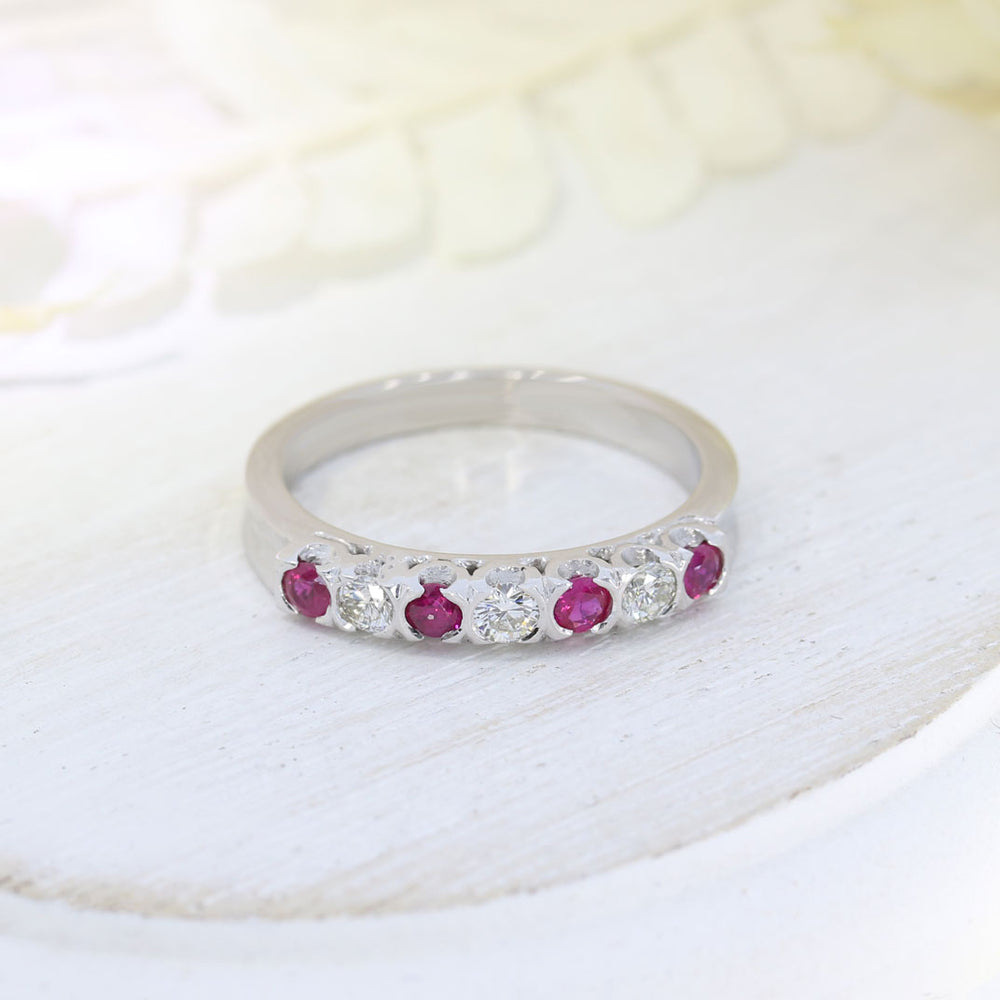 18ct White Gold Ruby & Diamond Eternity Ring in a Part Rubover Setting