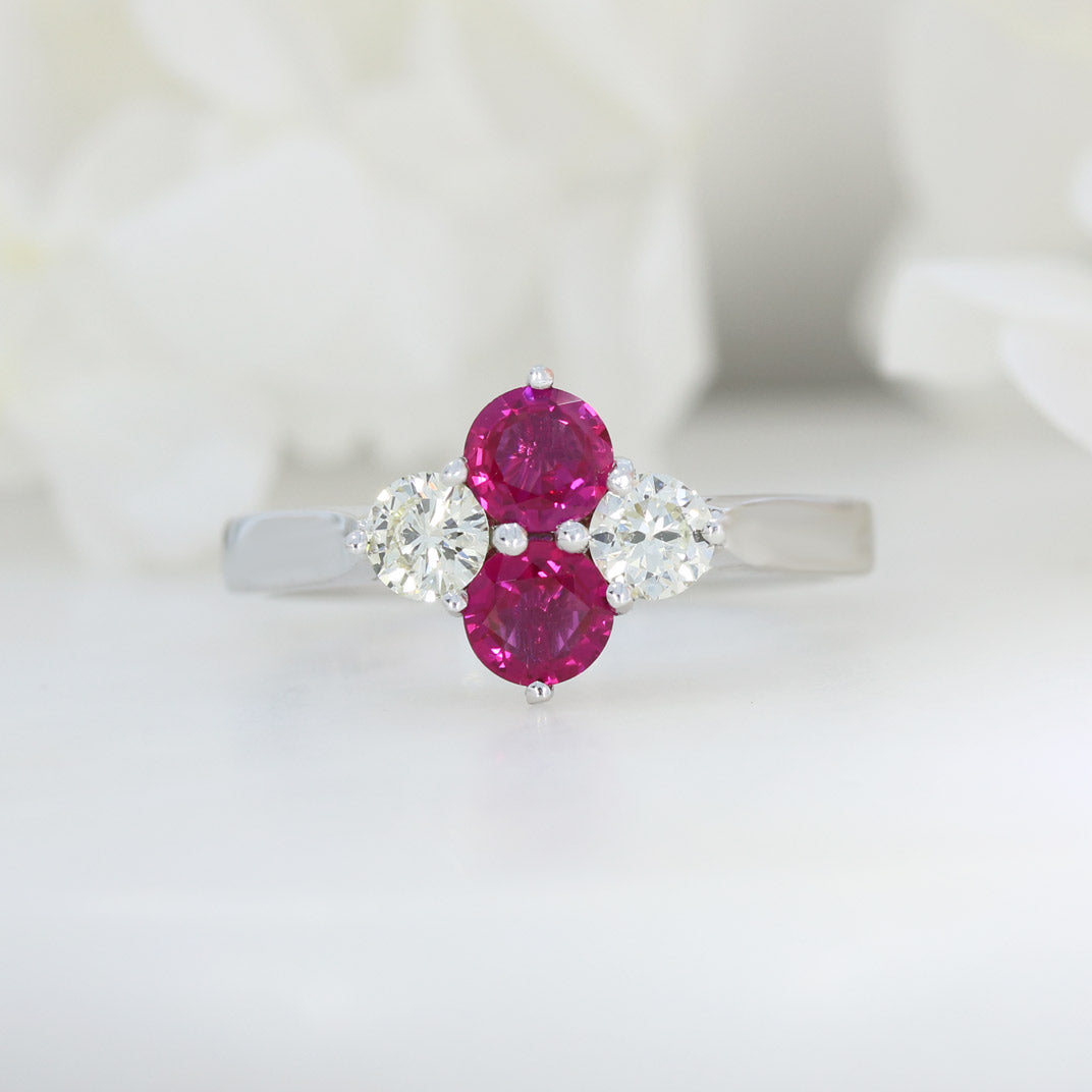 18ct White Gold Claw Set Ruby & Diamond 4 Stone Cluster Ring.