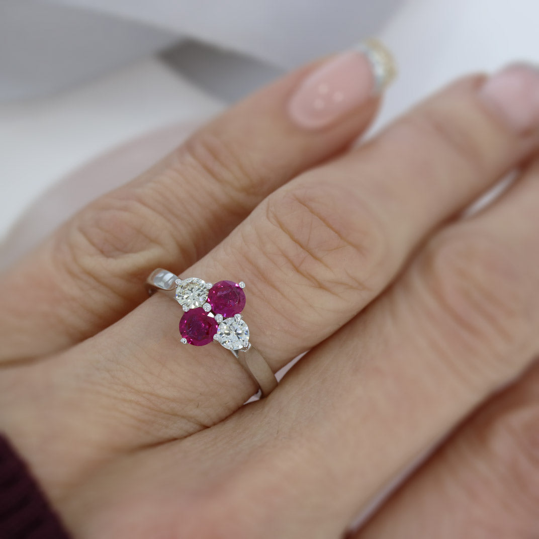 18ct White Gold Claw Set Ruby & Diamond 4 Stone Cluster Ring.