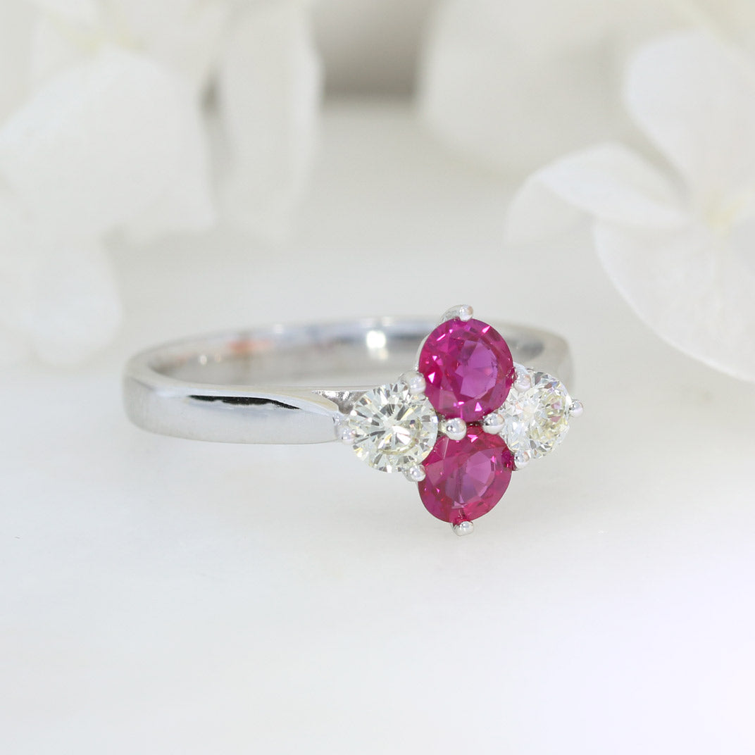18ct White Gold Claw Set Ruby & Diamond 4 Stone Cluster Ring.