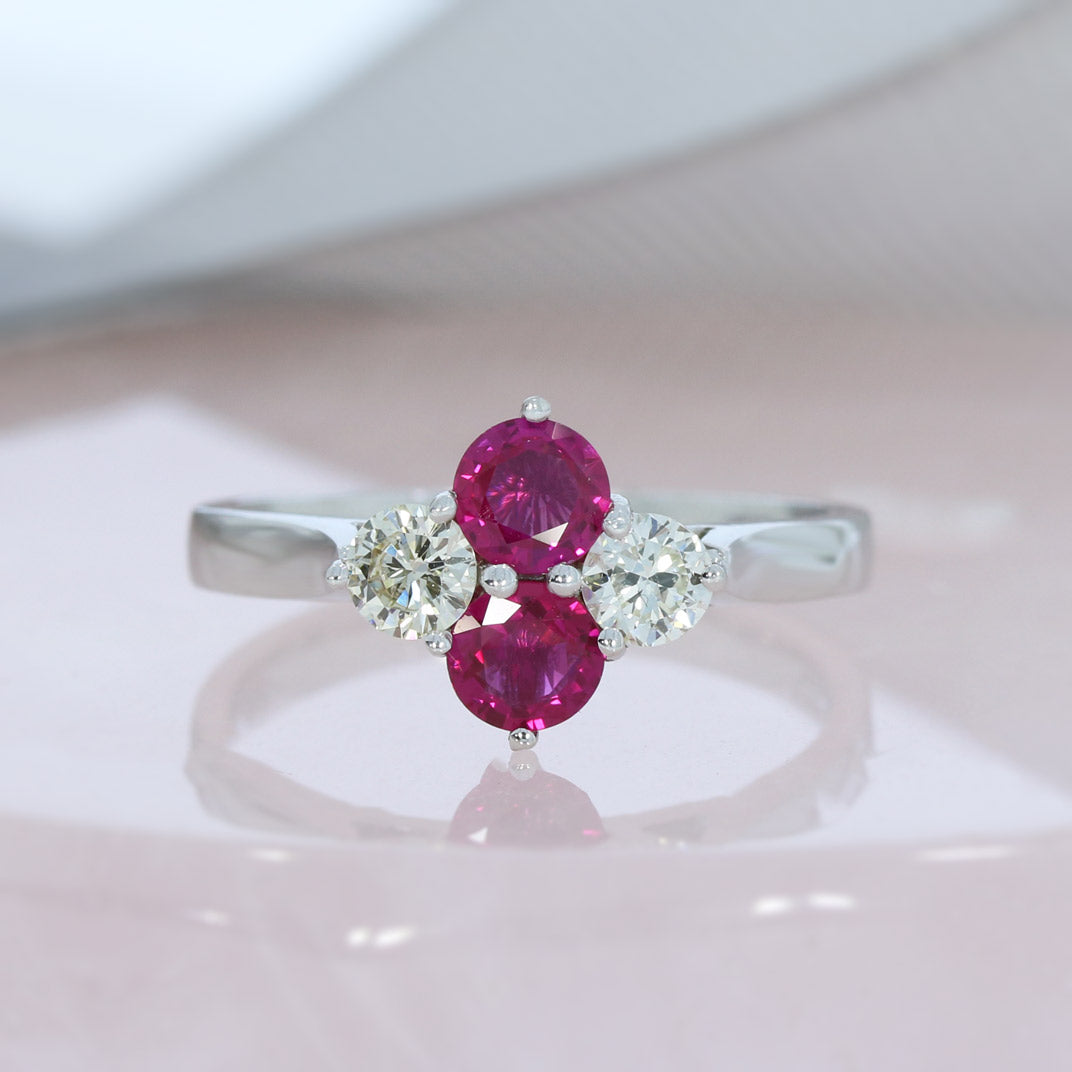 18ct White Gold Claw Set Ruby & Diamond 4 Stone Cluster Ring.