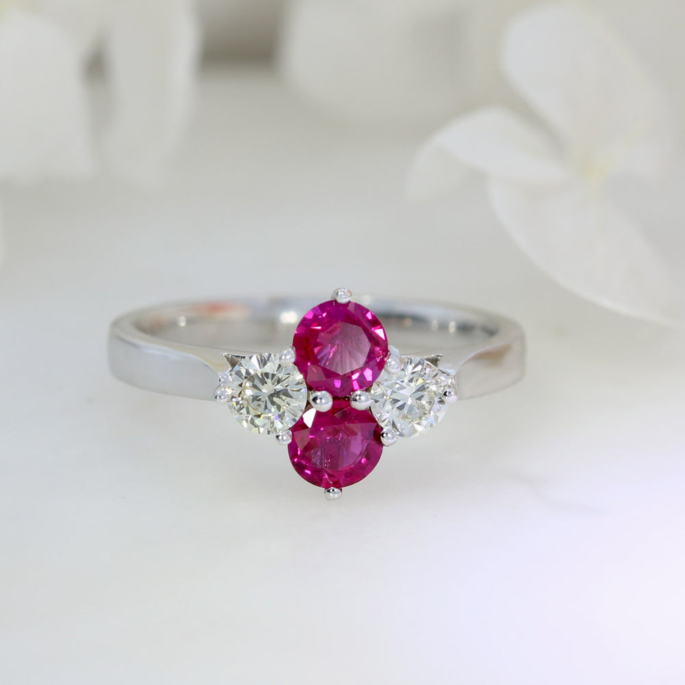 18ct White Gold Claw Set Ruby & Diamond 4 Stone Cluster Ring.