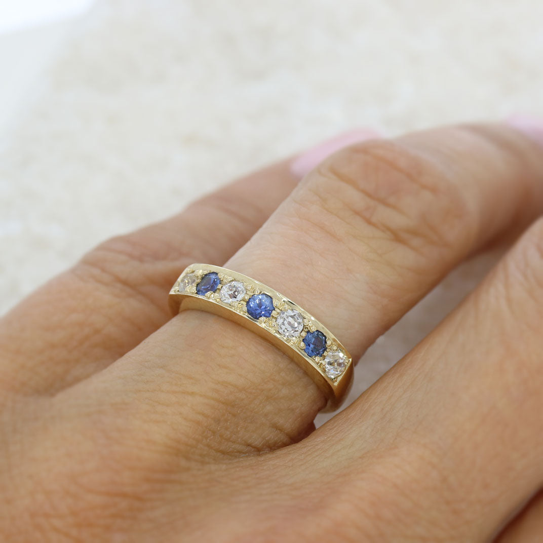 9ct Yellow Gold 7 Stone Pave Set Sapphire & Diamond Ring