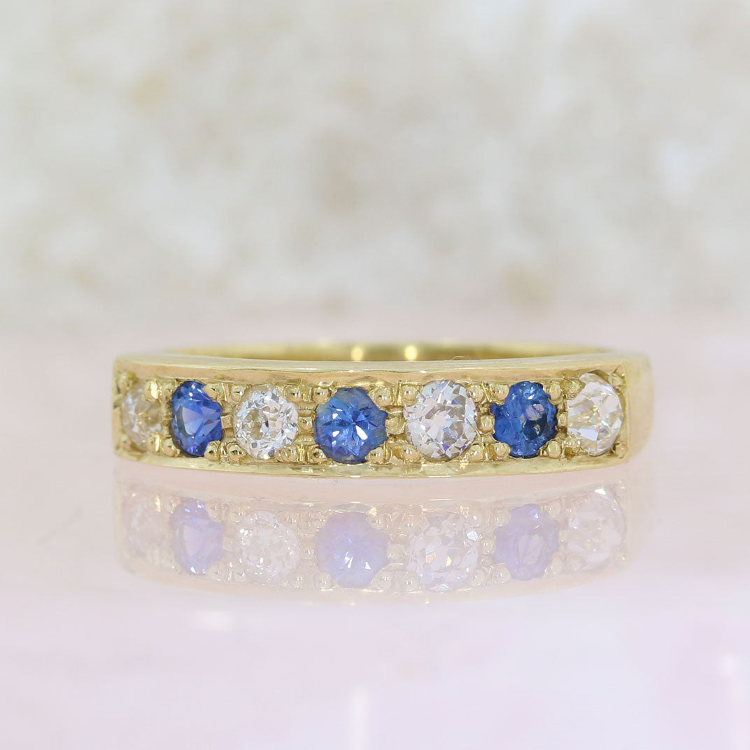 9ct Yellow Gold 7 Stone Pave Set Sapphire & Diamond Ring