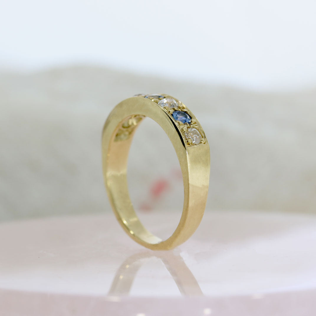 9ct Yellow Gold 7 Stone Pave Set Sapphire & Diamond Ring
