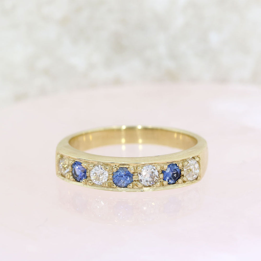 9ct Yellow Gold 7 Stone Pave Set Sapphire & Diamond Ring