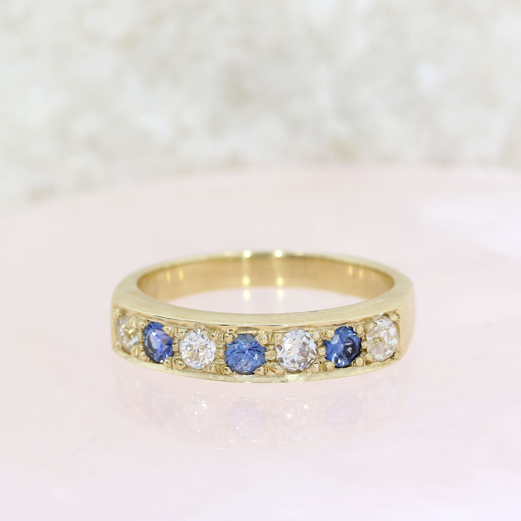 9ct Yellow Gold 7 Stone Pave Set Sapphire & Diamond Ring