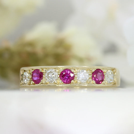 9ct Yellow Gold 7 Stone Pave Set Ruby & Diamond Half Eternity Ring