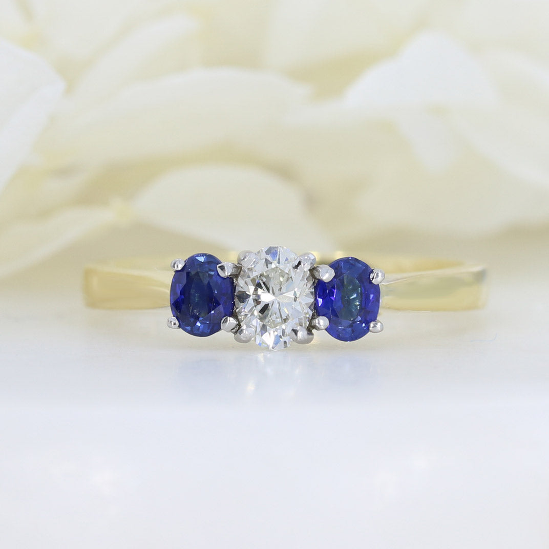 18ct Yellow Gold Oval Claw Set Diamond and Sapphire 3 Stone Ring