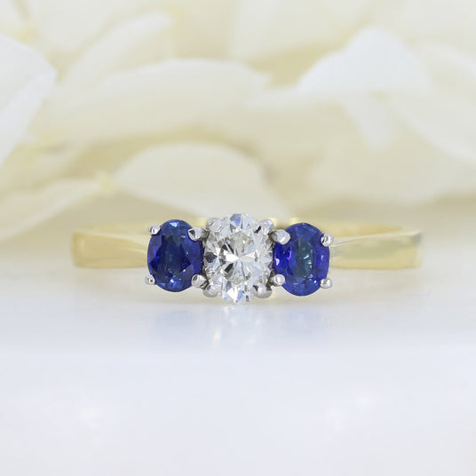 18ct Yellow Gold Oval Claw Set Diamond and Sapphire 3 Stone Ring