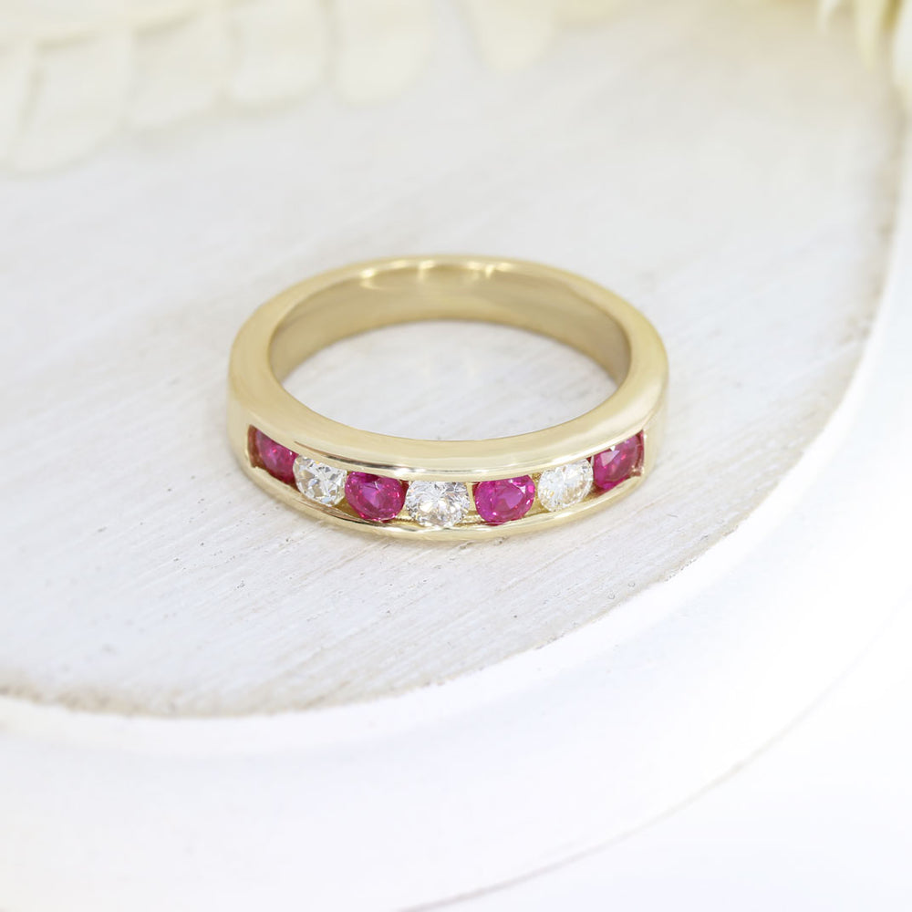 9ct Yellow Gold Channel Set Ruby & Diamond Eternity Ring