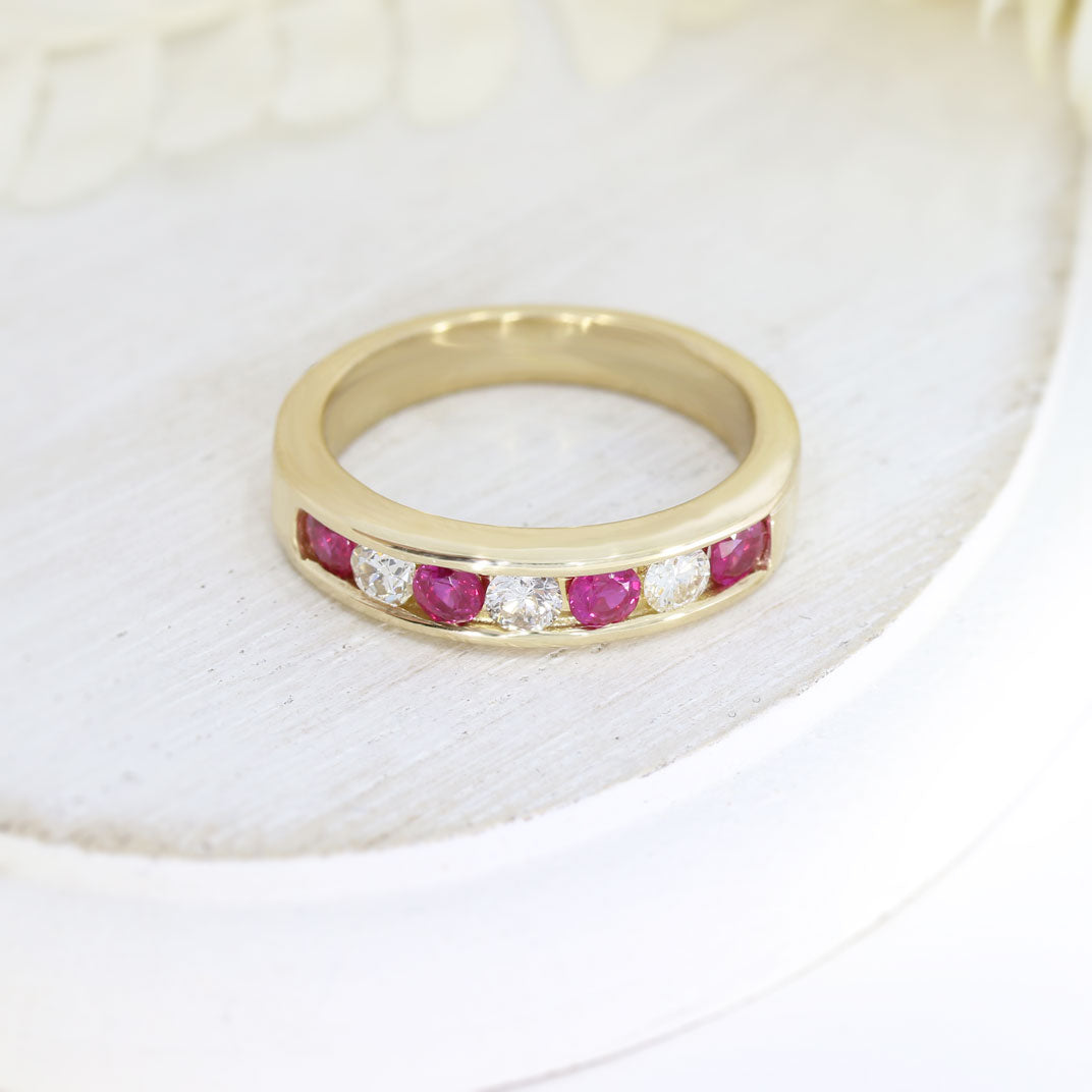 9ct Yellow Gold Channel Set Ruby & Diamond Eternity Ring