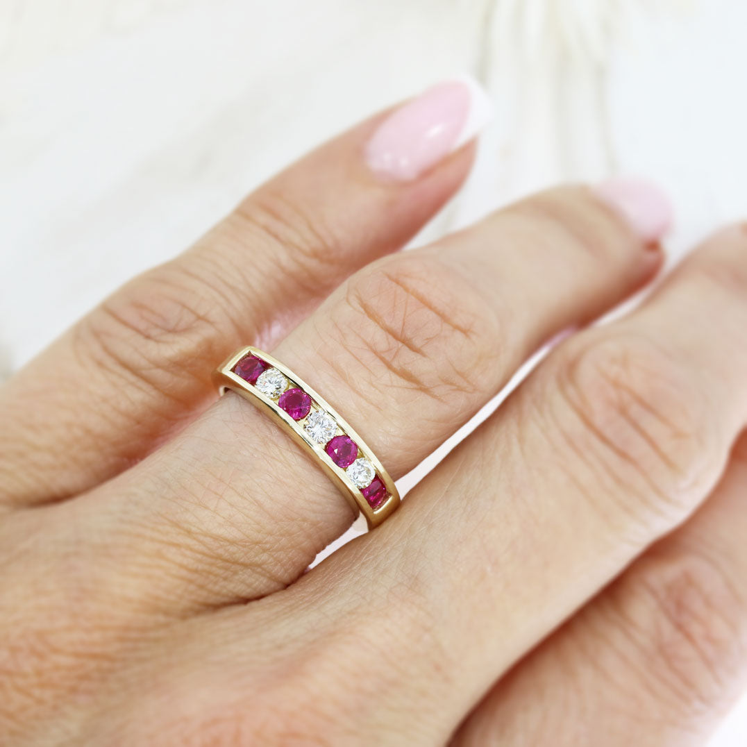 9ct Yellow Gold Channel Set Ruby & Diamond Eternity Ring