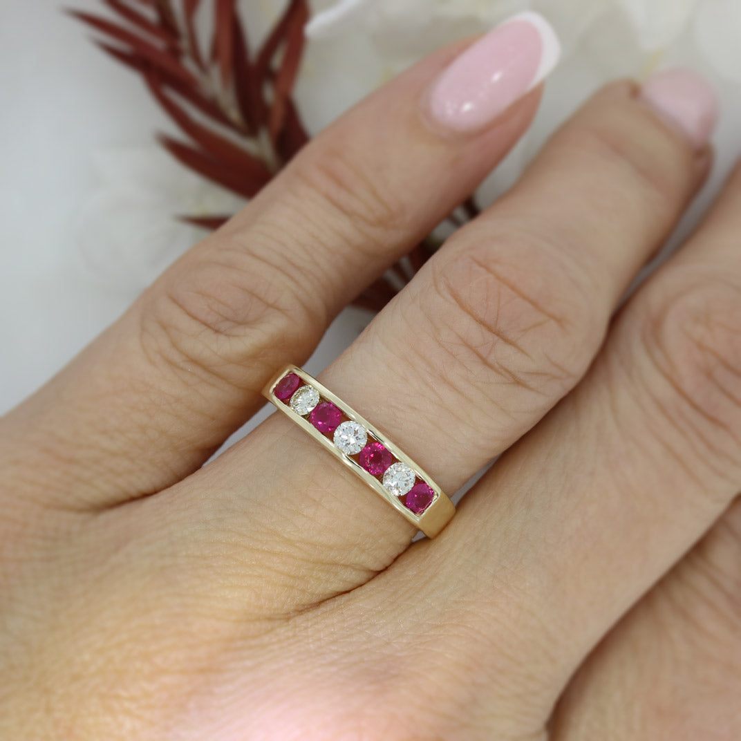 9ct Yellow Gold Channel Set Ruby & Diamond Eternity Ring