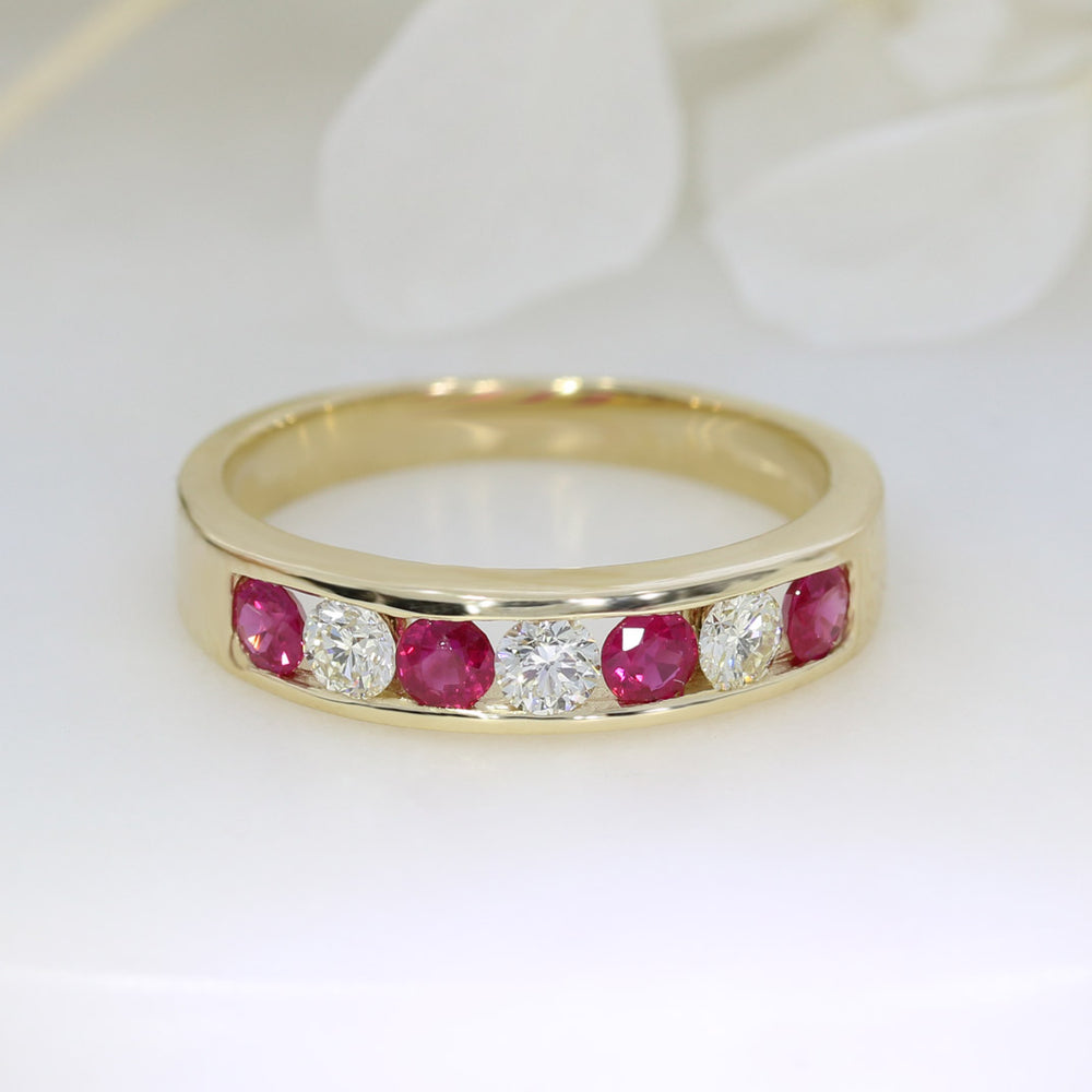 9ct Yellow Gold Channel Set Ruby & Diamond Eternity Ring
