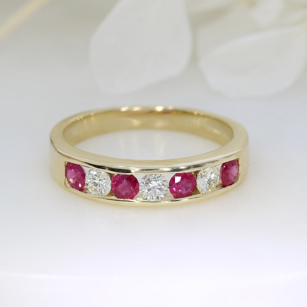 9ct Yellow Gold Channel Set Ruby & Diamond Eternity Ring