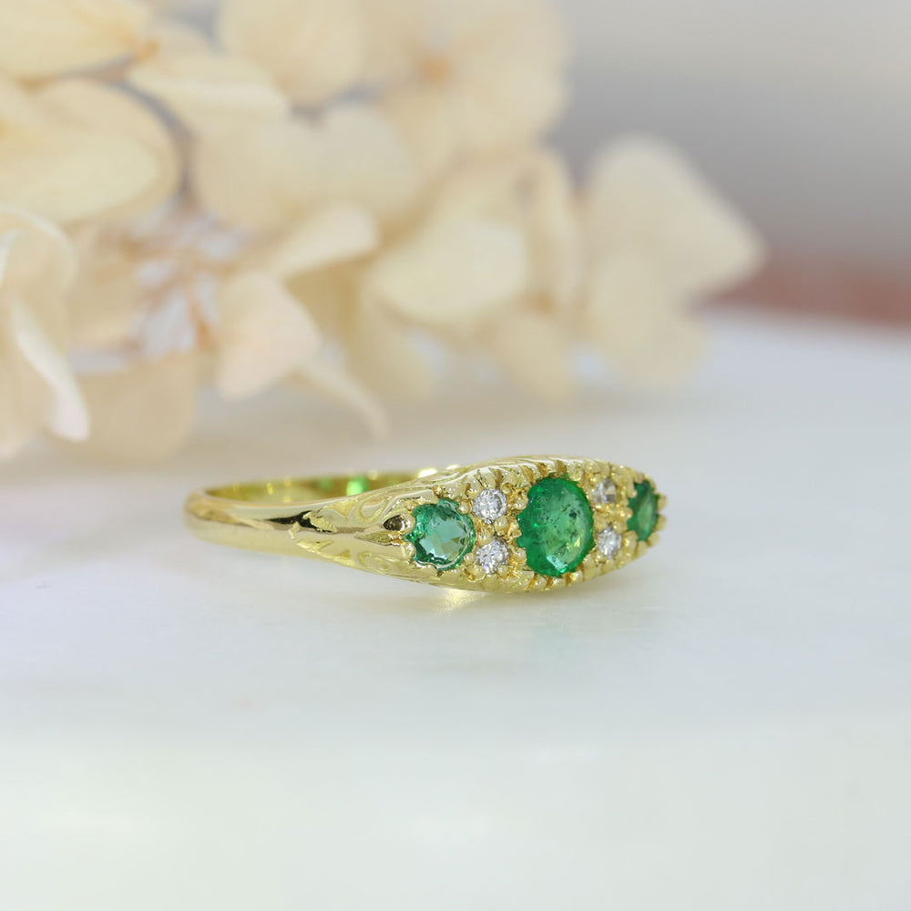 18ct Yellow Gold Emerald & Diamond Boat Shaped Ring
