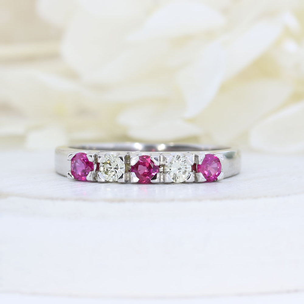 18ct White Gold Ruby & Diamond 5 Stone Claw Set Eternity Ring