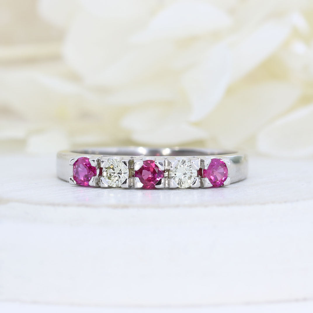 18ct White Gold Ruby & Diamond 5 Stone Claw Set Eternity Ring