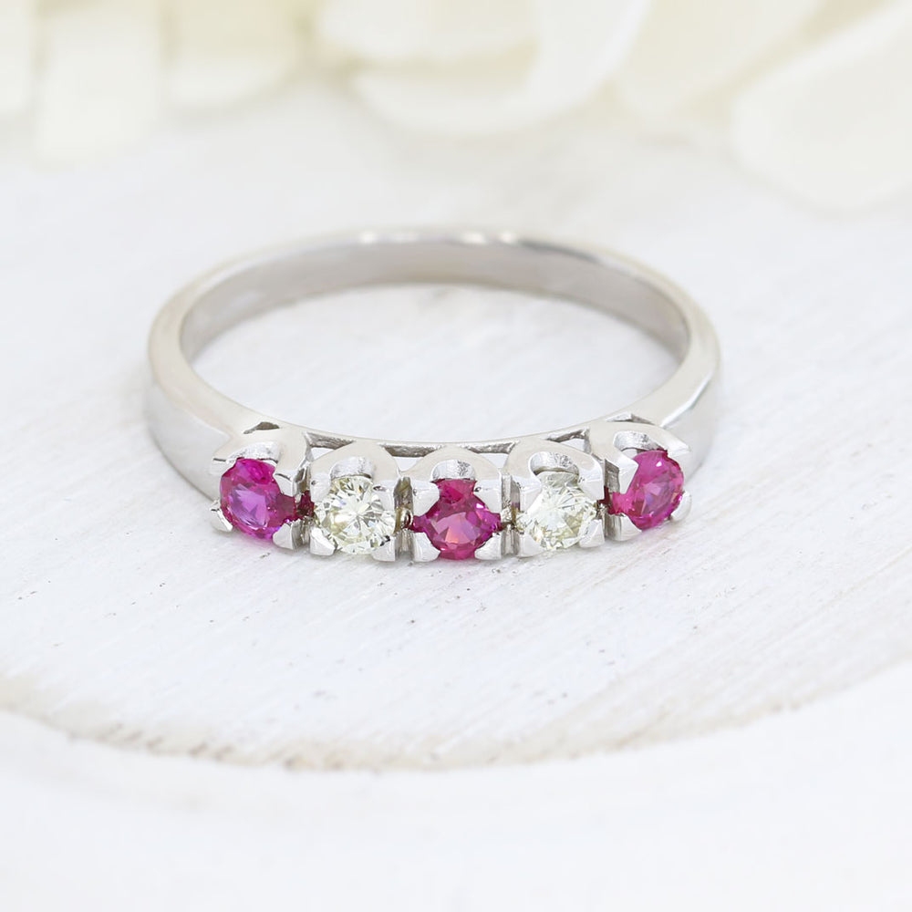 18ct White Gold Ruby & Diamond 5 Stone Claw Set Eternity Ring