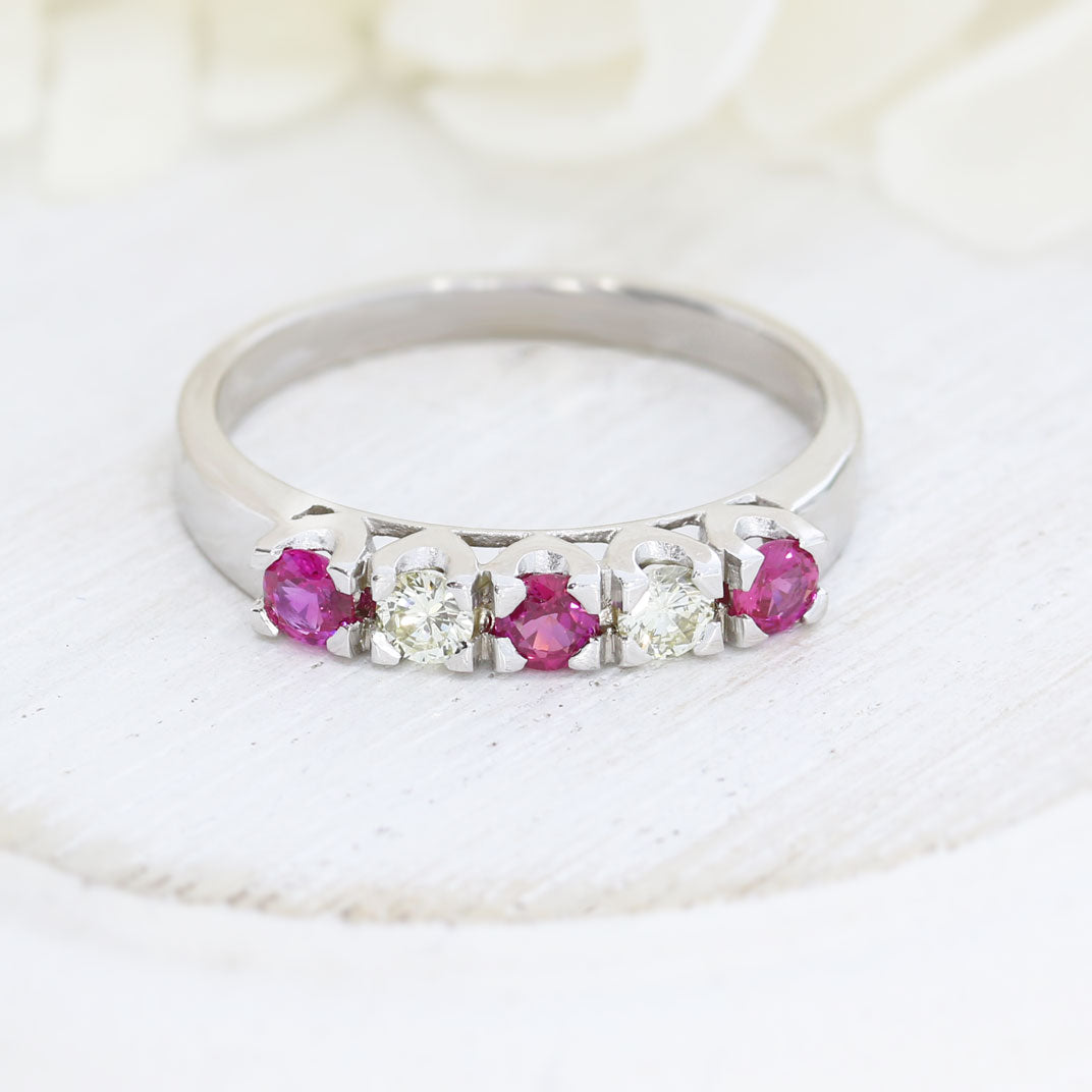 18ct White Gold Ruby & Diamond 5 Stone Claw Set Eternity Ring
