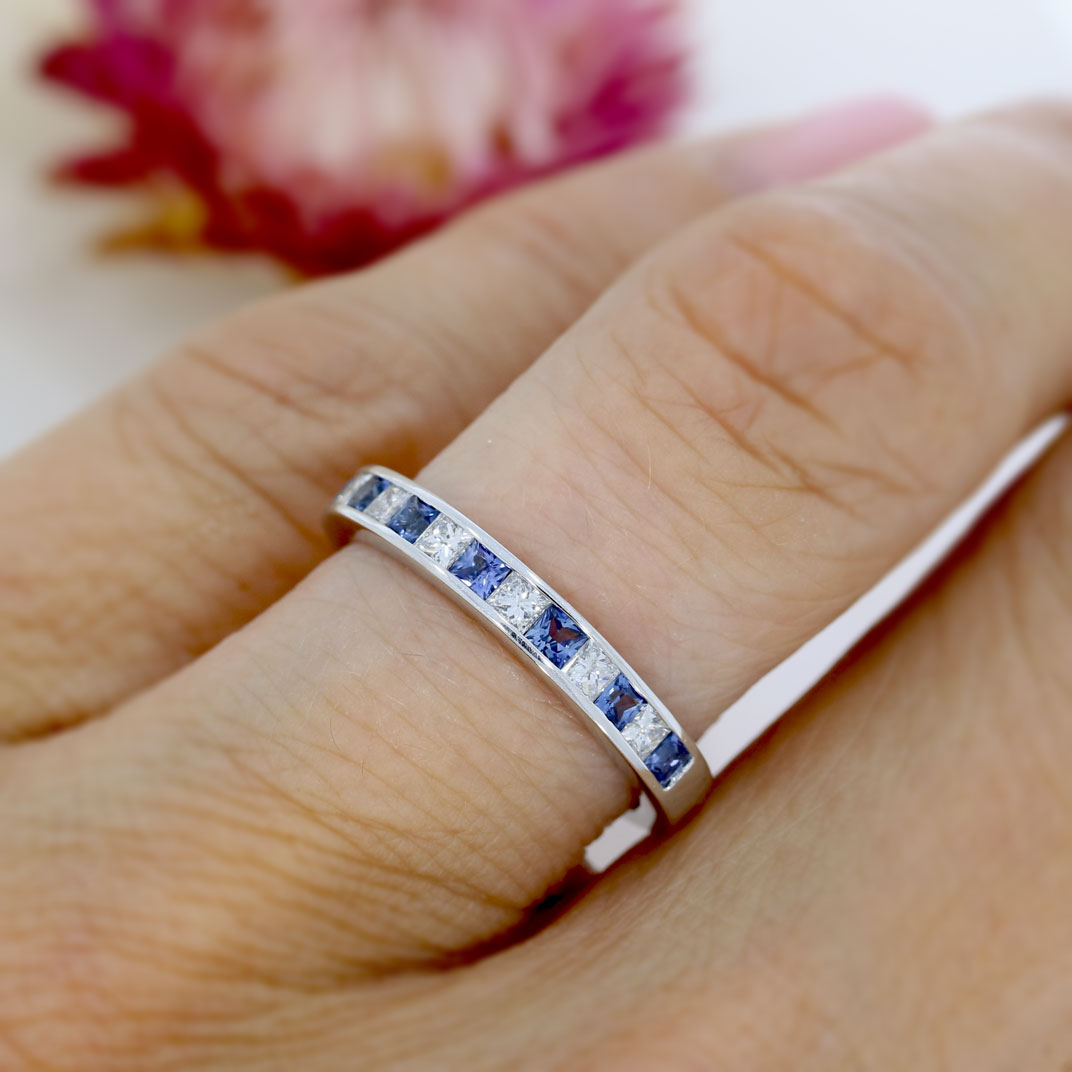 18ct White Gold Sapphire and Diamond Princess Cut Half Eternity Ring
