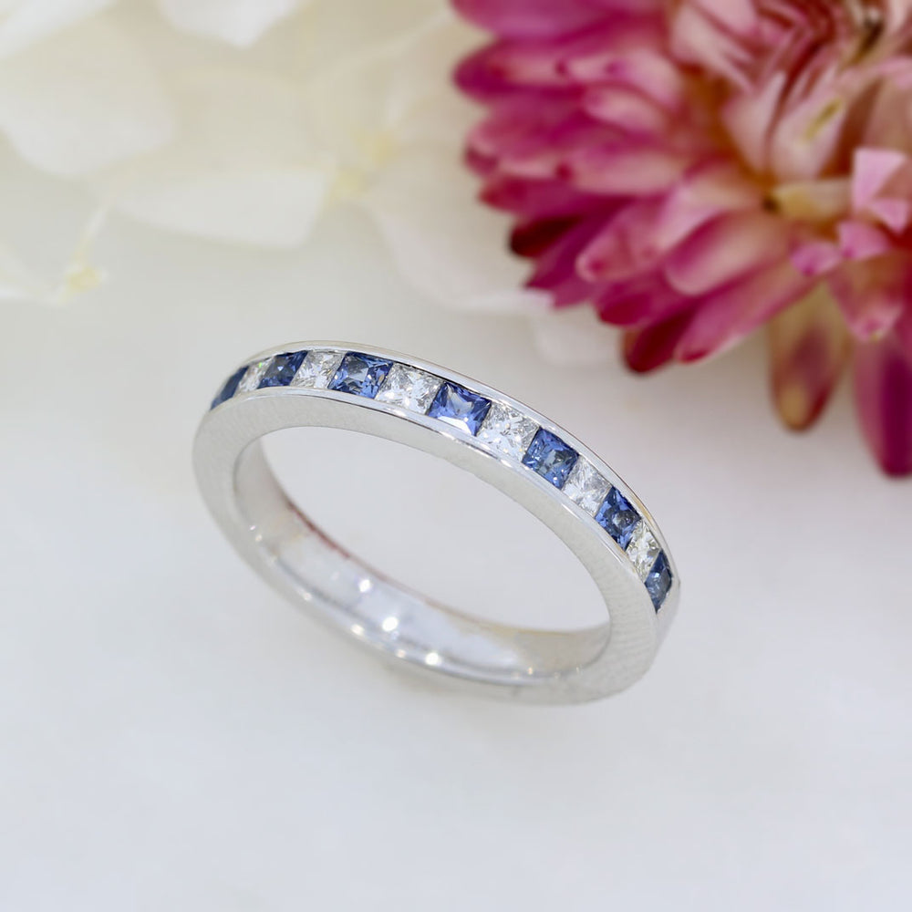 18ct White Gold Sapphire and Diamond Princess Cut Half Eternity Ring