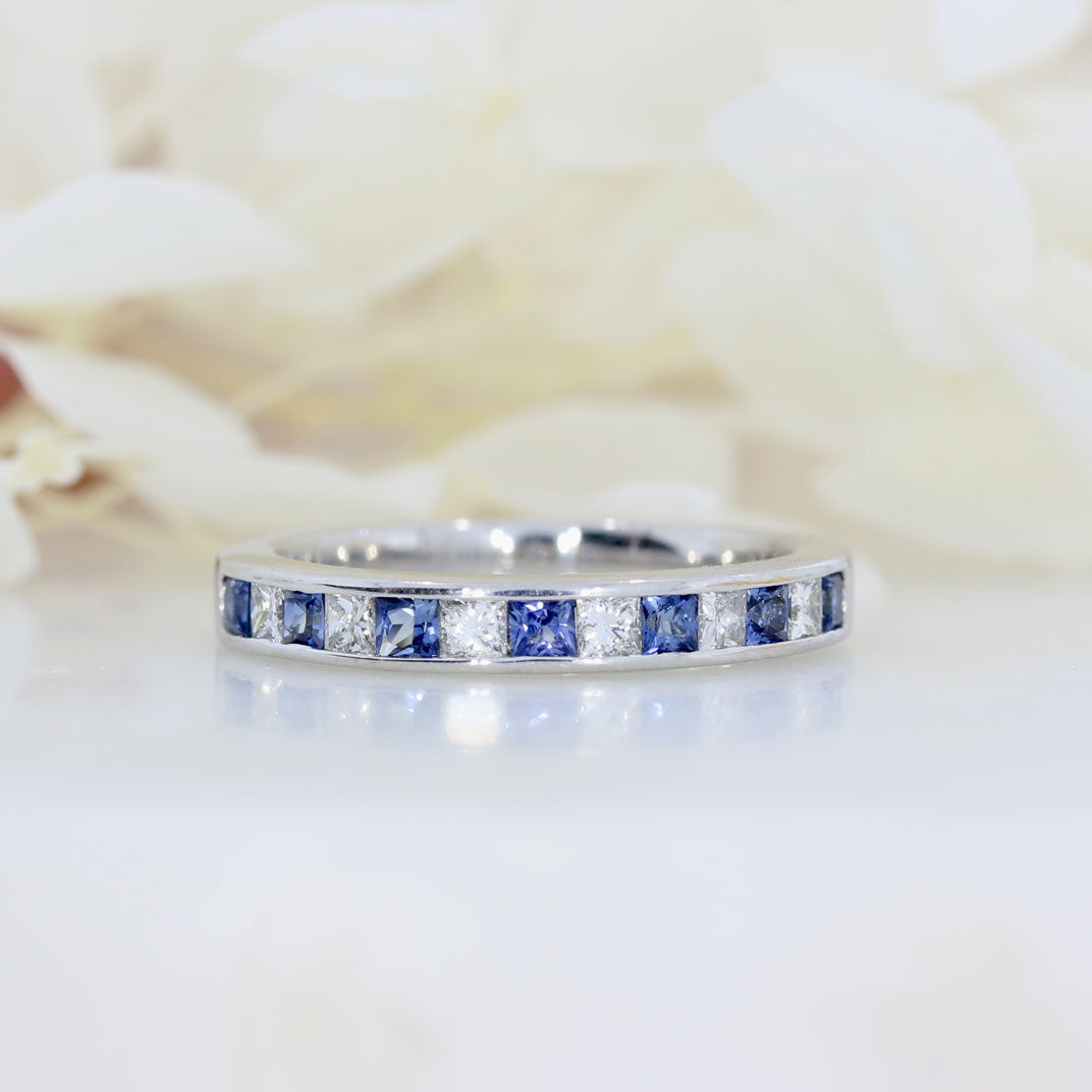 18ct White Gold Sapphire and Diamond Princess Cut Half Eternity Ring