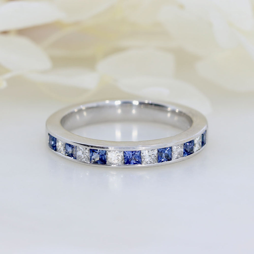 18ct White Gold Sapphire and Diamond Princess Cut Half Eternity Ring