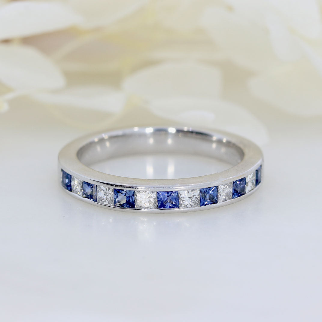 18ct White Gold Sapphire and Diamond Princess Cut Half Eternity Ring