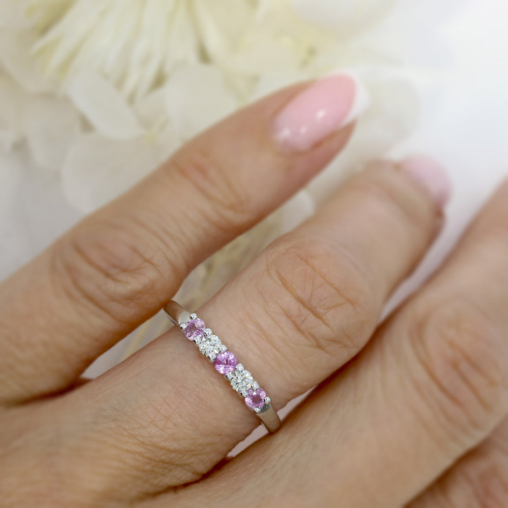 9ct White Gold Pink Sapphire and Diamond Claw Set Eternity Ring