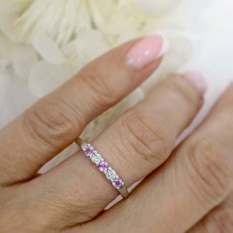 9ct White Gold Pink Sapphire and Diamond Claw Set Eternity Ring