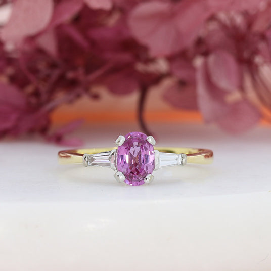 18ct Yellow Gold Pink Sapphire & Diamond 3 Stone Ring