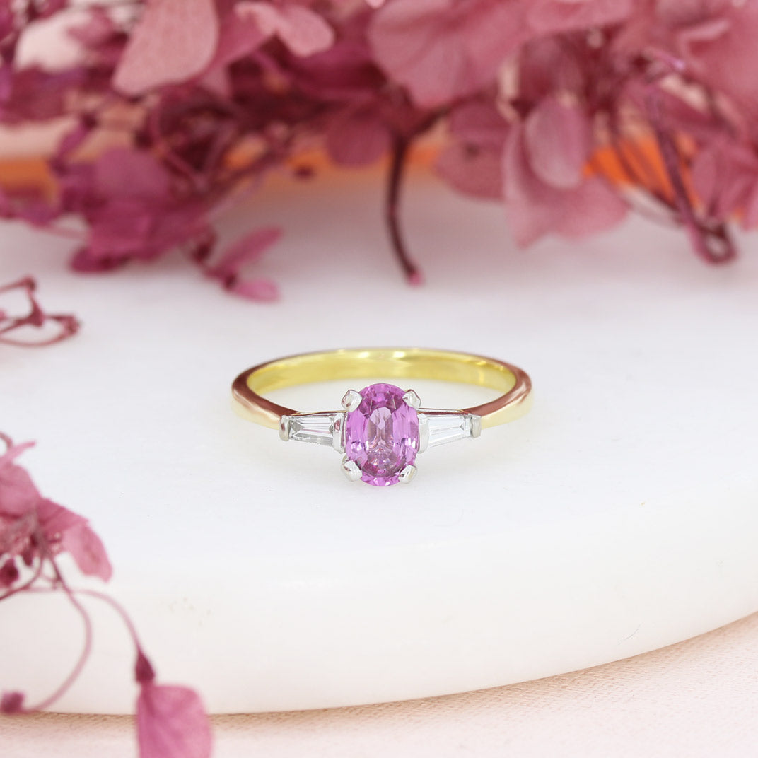 18ct Yellow Gold Pink Sapphire & Diamond 3 Stone Ring
