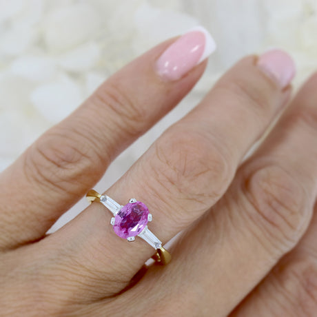 18ct Yellow Gold Oval Pink Sapphire & Baguette Diamond Ring