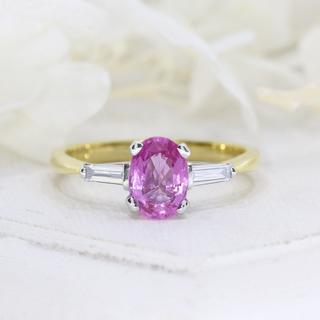 18ct Yellow Gold Oval Pink Sapphire & Baguette Diamond Ring