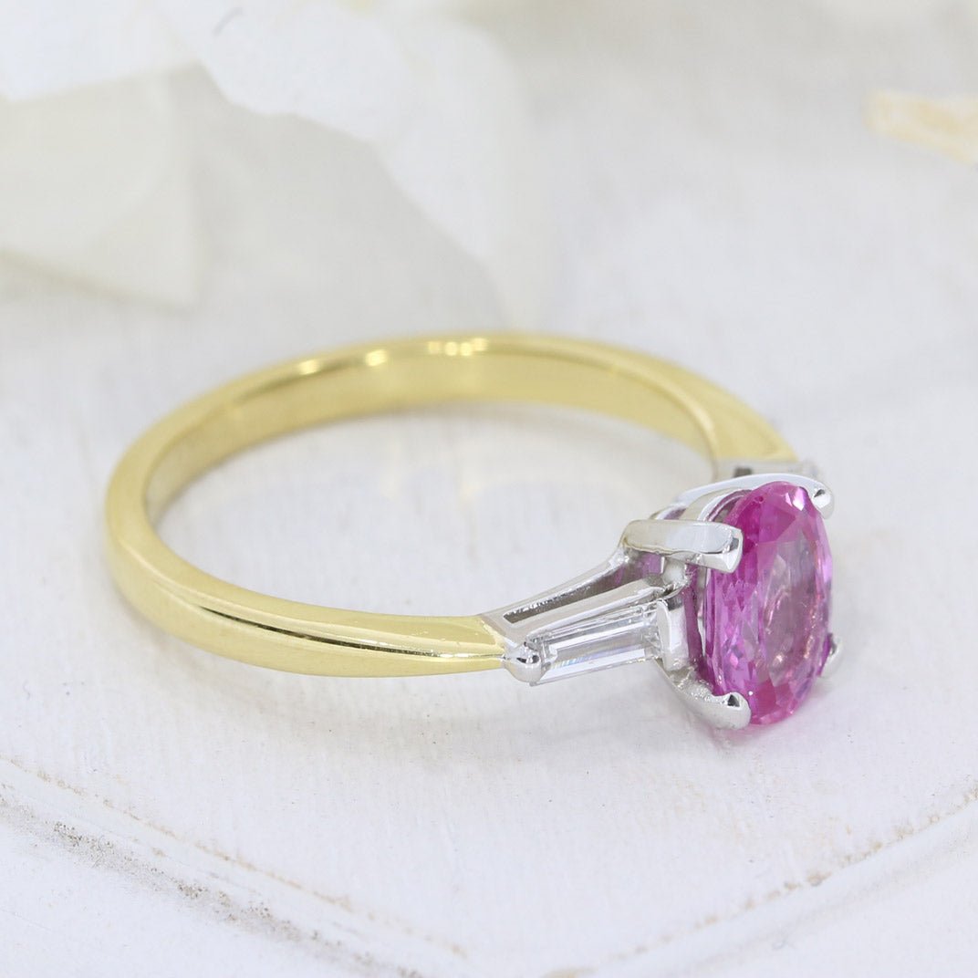 18ct Yellow Gold Oval Pink Sapphire & Baguette Diamond Ring