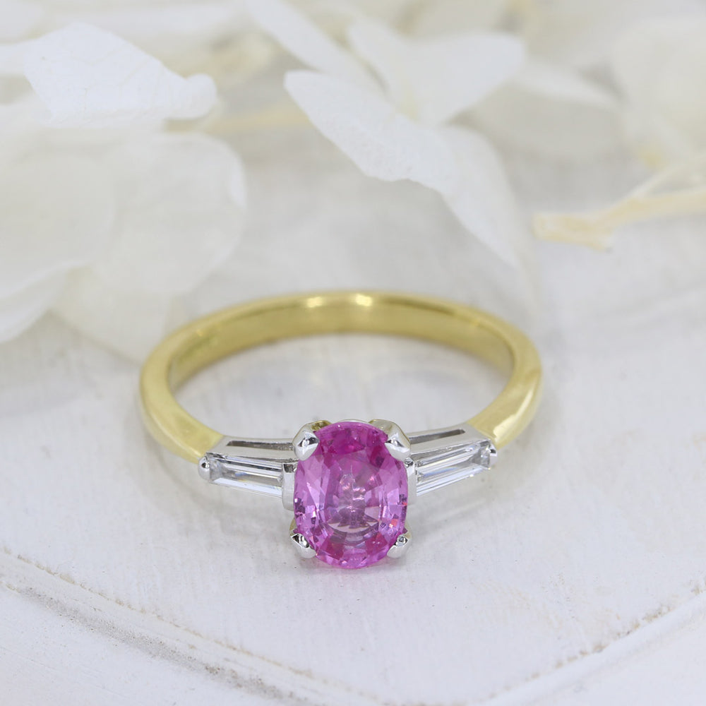 18ct Yellow Gold Oval Pink Sapphire & Baguette Diamond Ring