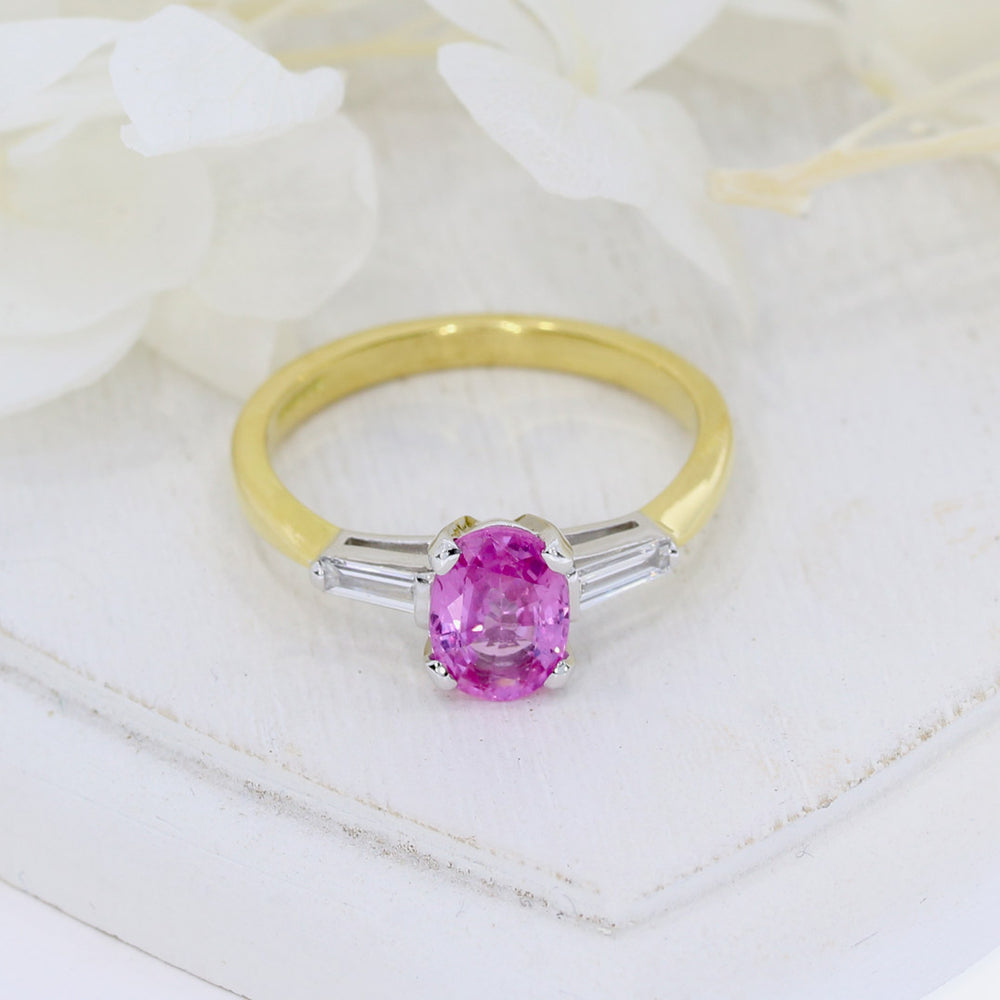 18ct Yellow Gold Oval Pink Sapphire & Baguette Diamond Ring