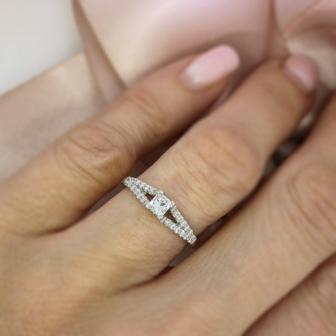 Platinum Princess cut Diamond Solitaire Ring With Split Diamond Set Shoulders 0.56ct