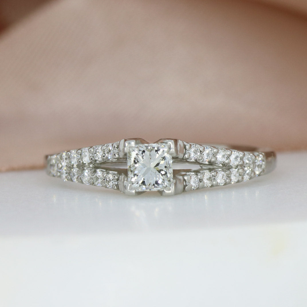 Platinum Princess cut Diamond Solitaire Ring With Split Diamond Set Shoulders 0.56ct