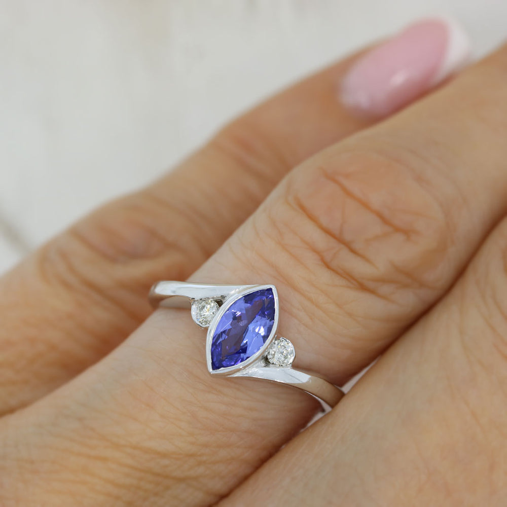 9ct White Gold Rubover Set Marquise Shape Tanzanite & Diamond Ring