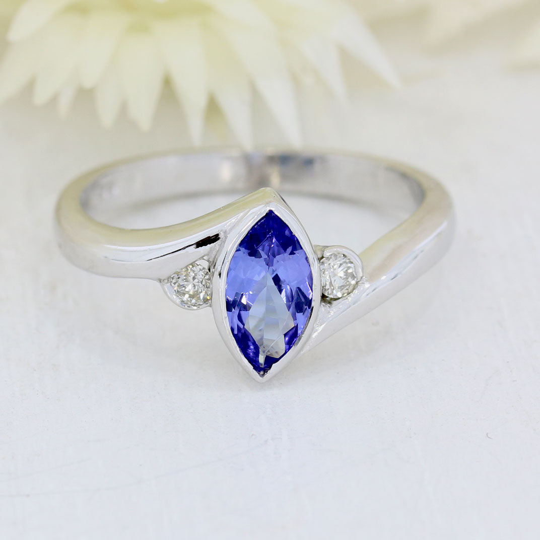 9ct White Gold Rubover Set Marquise Shape Tanzanite & Diamond Ring