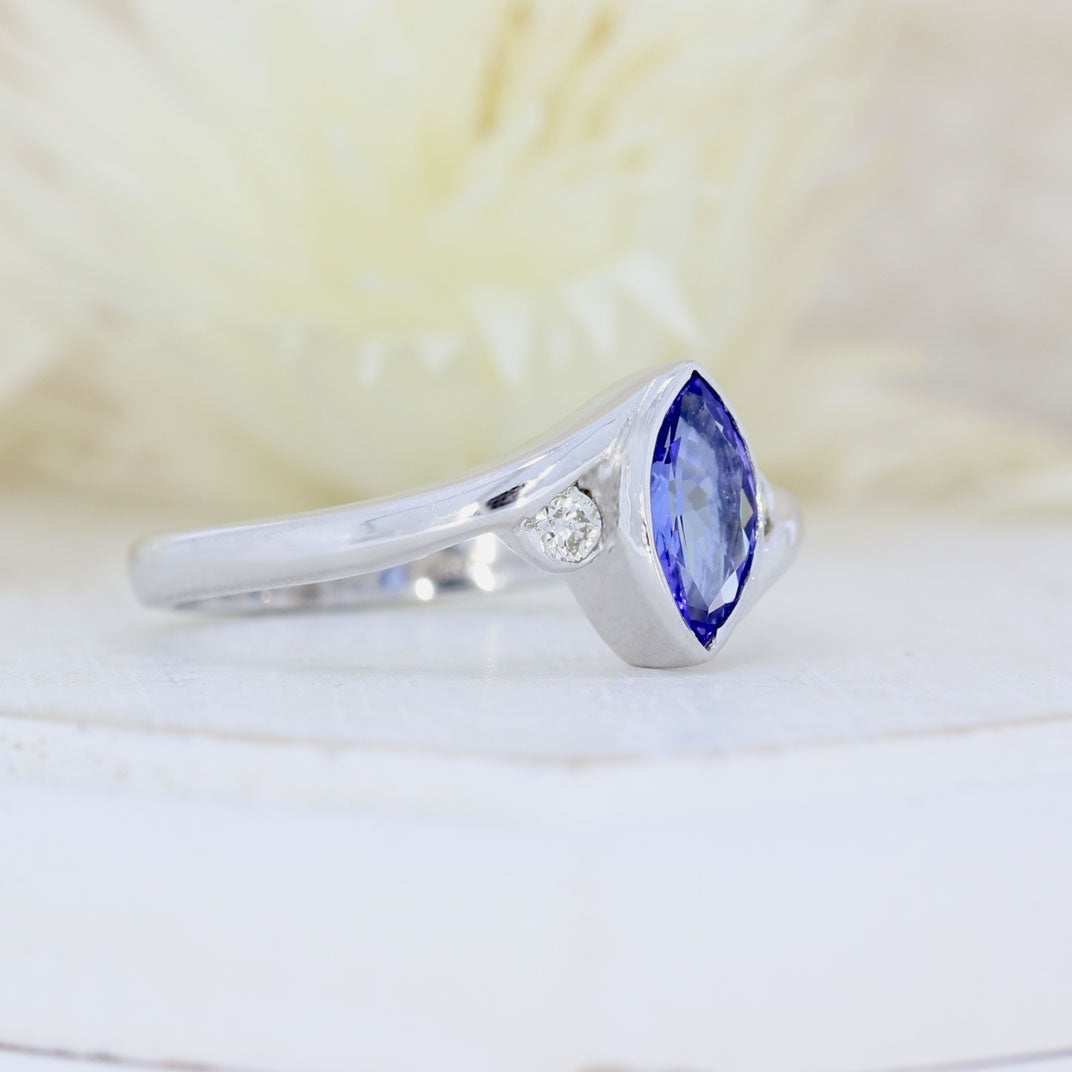9ct White Gold Rubover Set Marquise Shape Tanzanite & Diamond Ring