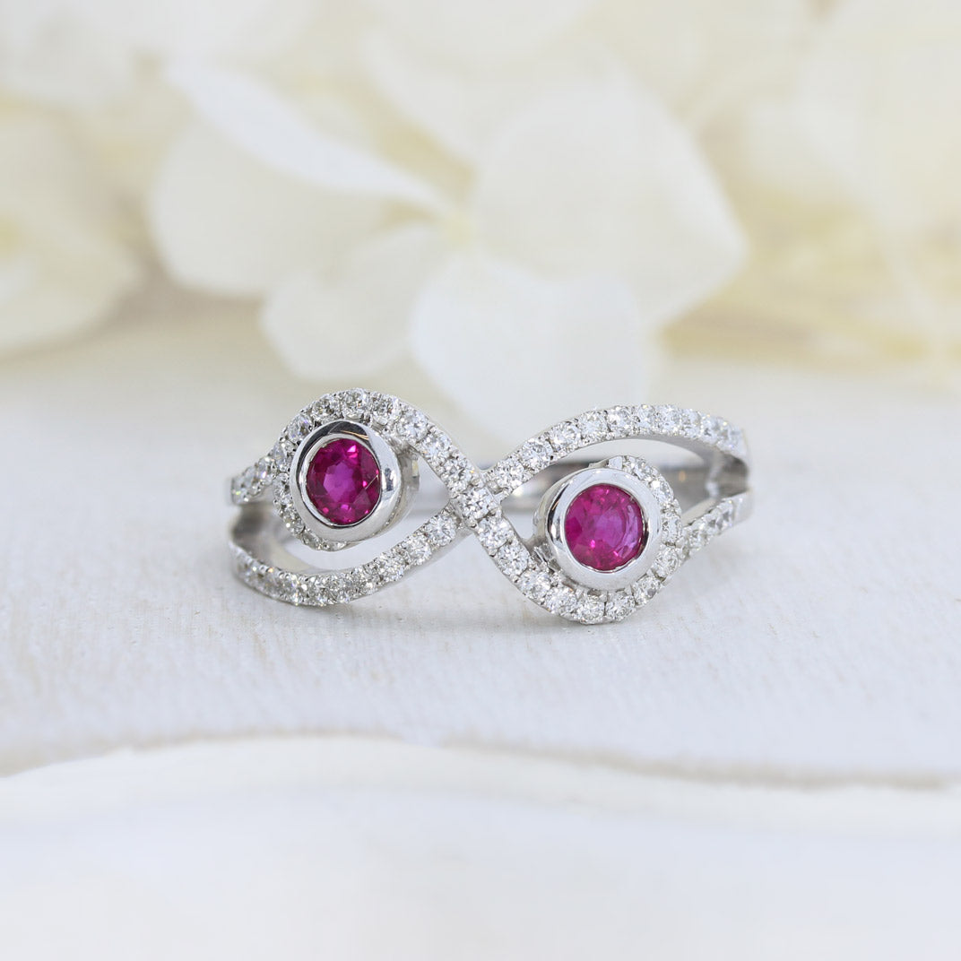 9ct White Gold Ruby & Diamond Crossover Ring
