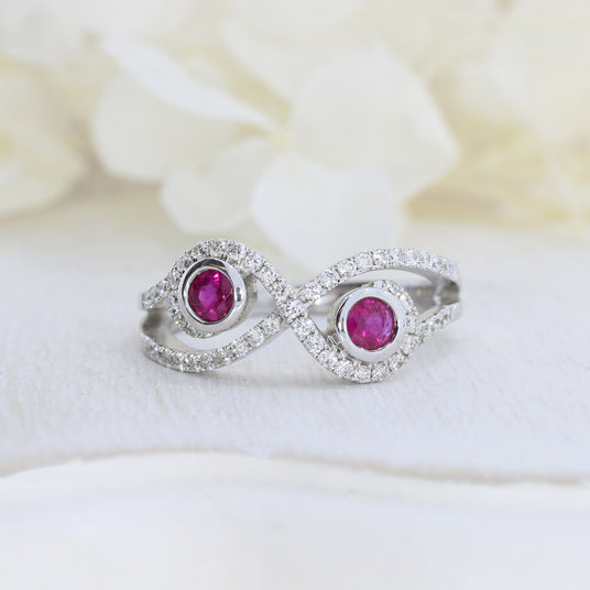 9ct White Gold Ruby & Diamond Crossover Ring