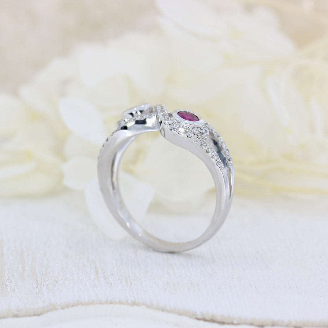9ct White Gold Ruby & Diamond Crossover Ring