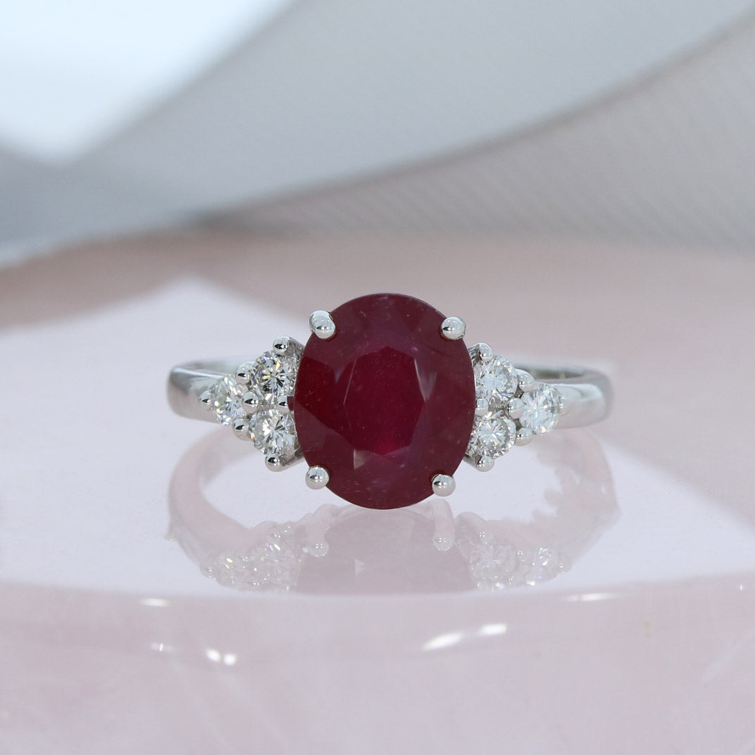 9ct White Gold Oval Glass Filled Ruby & Diamond Dress Ring