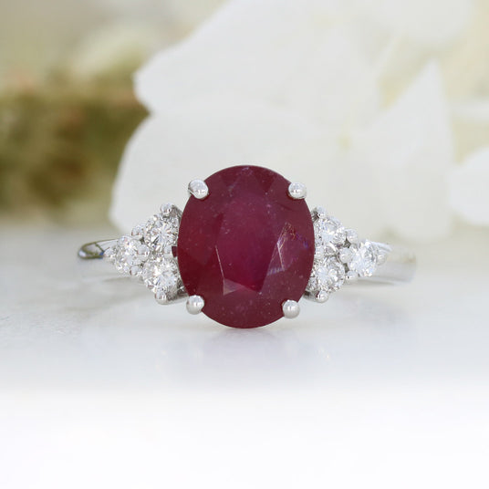 9ct White gold oval glass filled ruby and diamond dress ring
