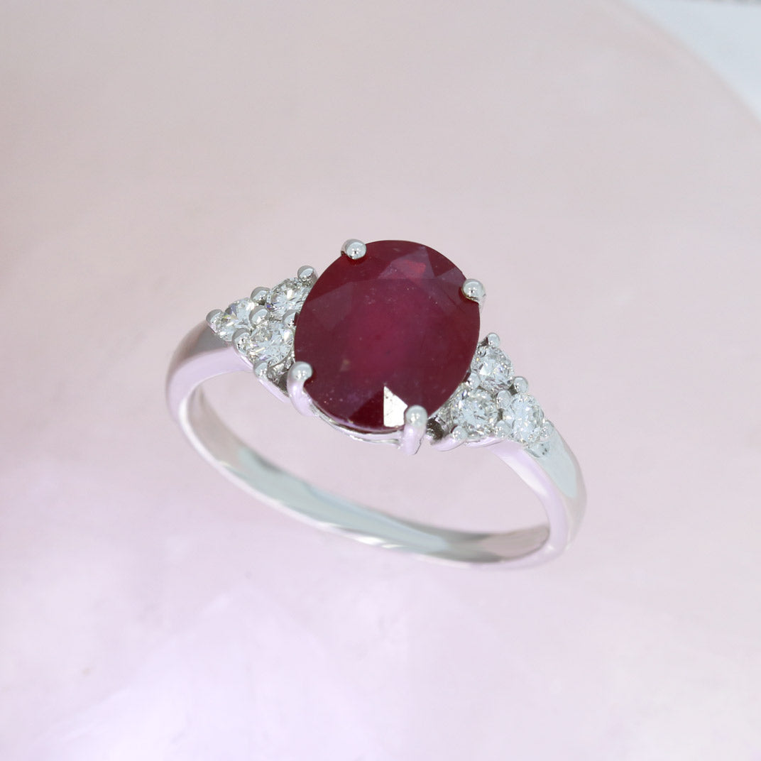 9ct White Gold Oval Glass Filled Ruby & Diamond Dress Ring